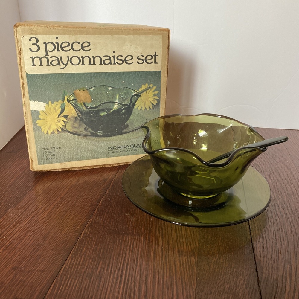 Vtg Indiana Glass Co Olive Green Mayonnaise Dish Serving Set 3 Pc #2128 Boxed